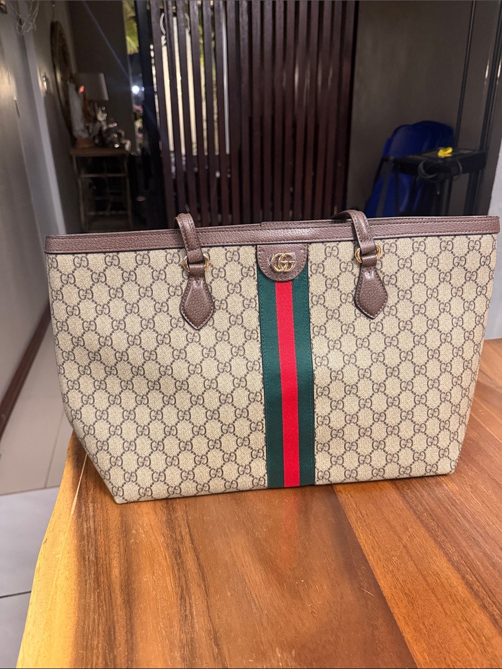 Gucci Beige Monogram Tote with Green and Red Web Stripe